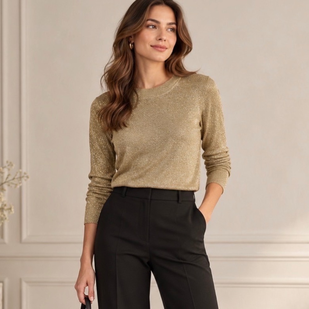 Wasserman Silk Blend Sweater Womens Large Gold Metallic Mock Neck Glam Holiday